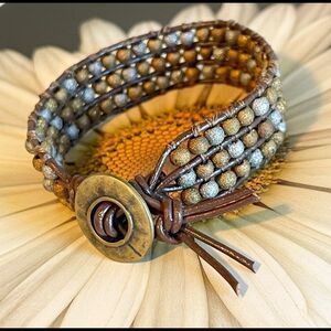 HANDMADE 3 Row Leather and Bead Cuff Bracelet